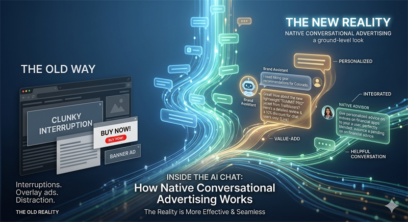Most people imagine chatbot ads as banner overlays or clunky interruptions. Native conversational ads sit inside the